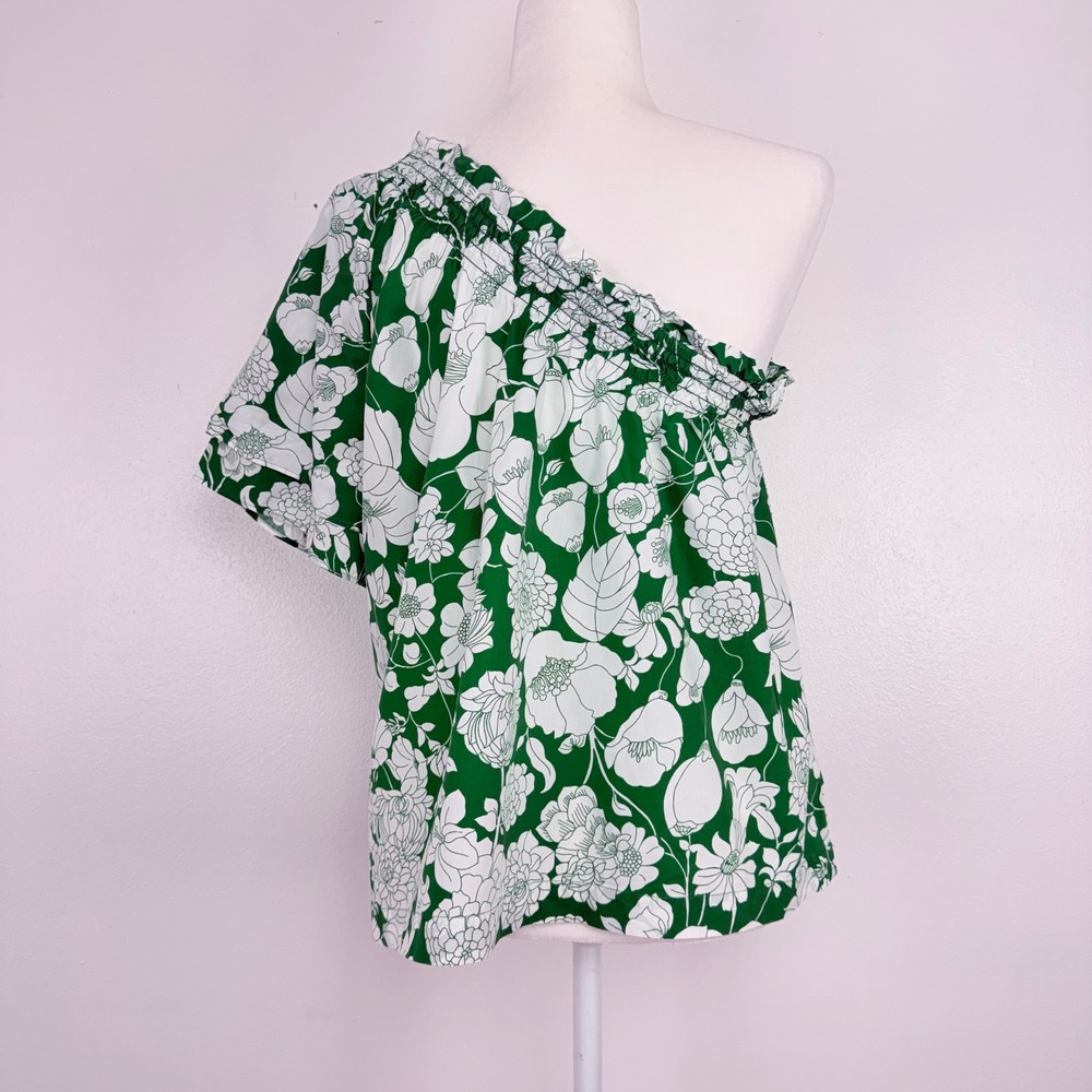 J.Crew One Shoulder Floral Top L Kelly Green Smocked Cotton Poplin Cottagecore - Picture 7 of 14